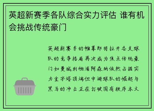 英超新赛季各队综合实力评估 谁有机会挑战传统豪门