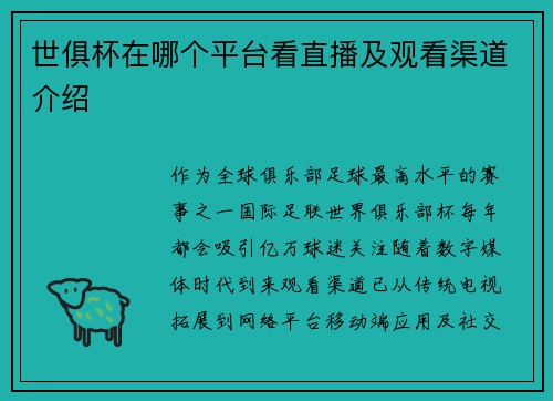世俱杯在哪个平台看直播及观看渠道介绍