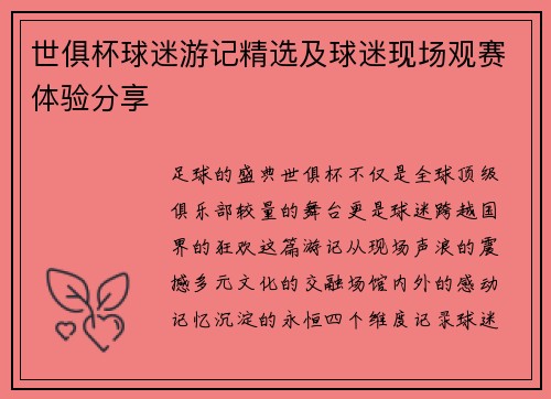 世俱杯球迷游记精选及球迷现场观赛体验分享